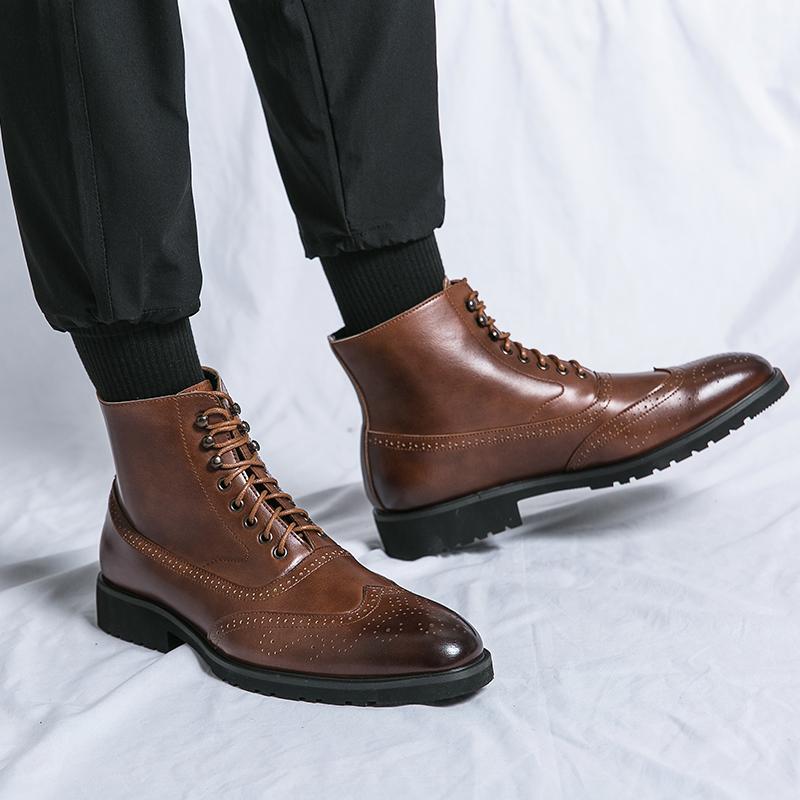 Men Brogues Boots Motorcycle Casual Ankle Boots Wingtip Dress Formal High Top Black Leather Boots Over Sized
