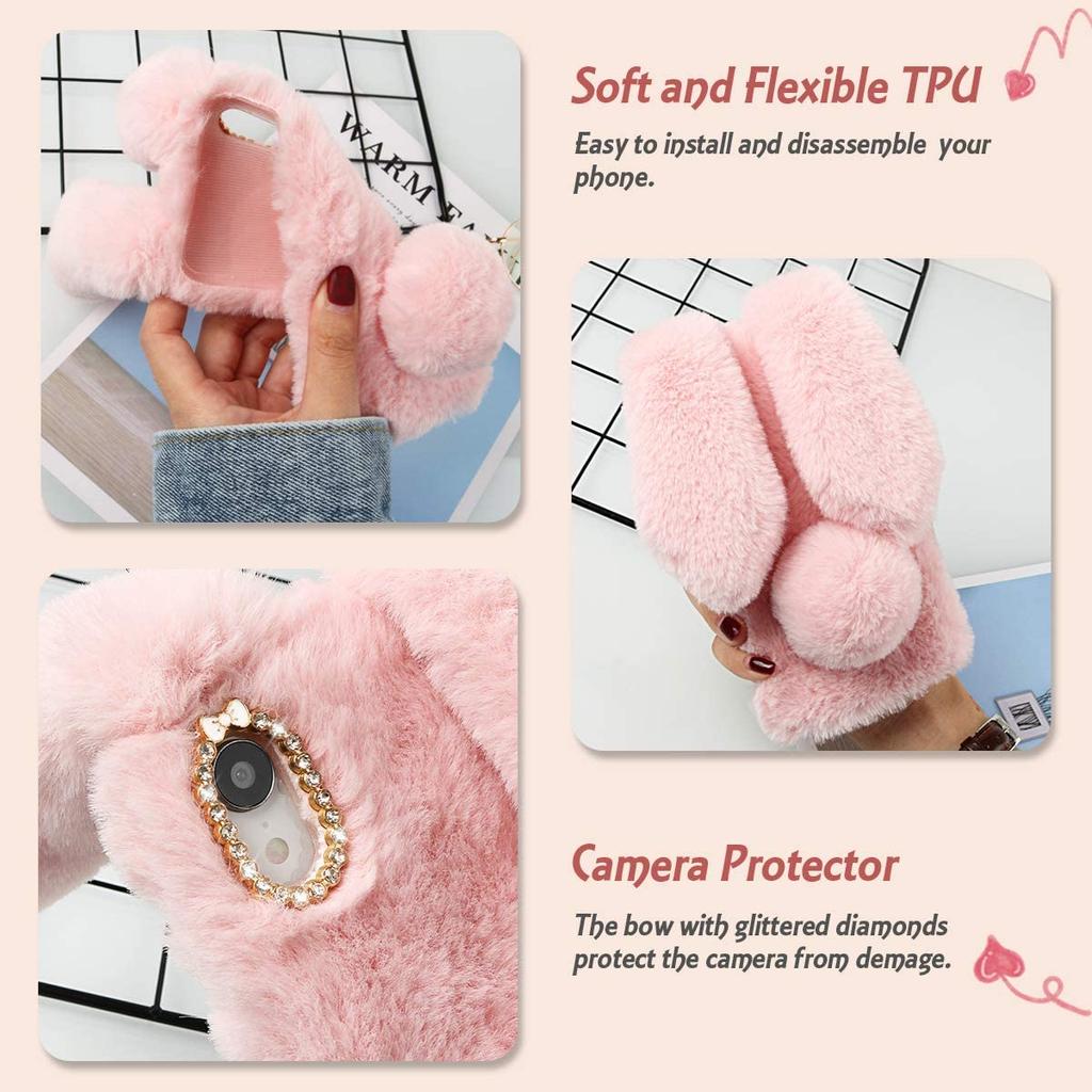 Пушистый чехол в виде кролика на iPhone 13 Pro Max 11 Pro 12 Pro Max XR XS MAX Samsung S21 Note 20 Ultra S20 Plus S20FE A51 A71