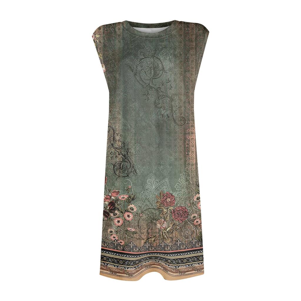 Женское повседневное и модное платье средней длины с круглым вырезом и без рукавов с принтом