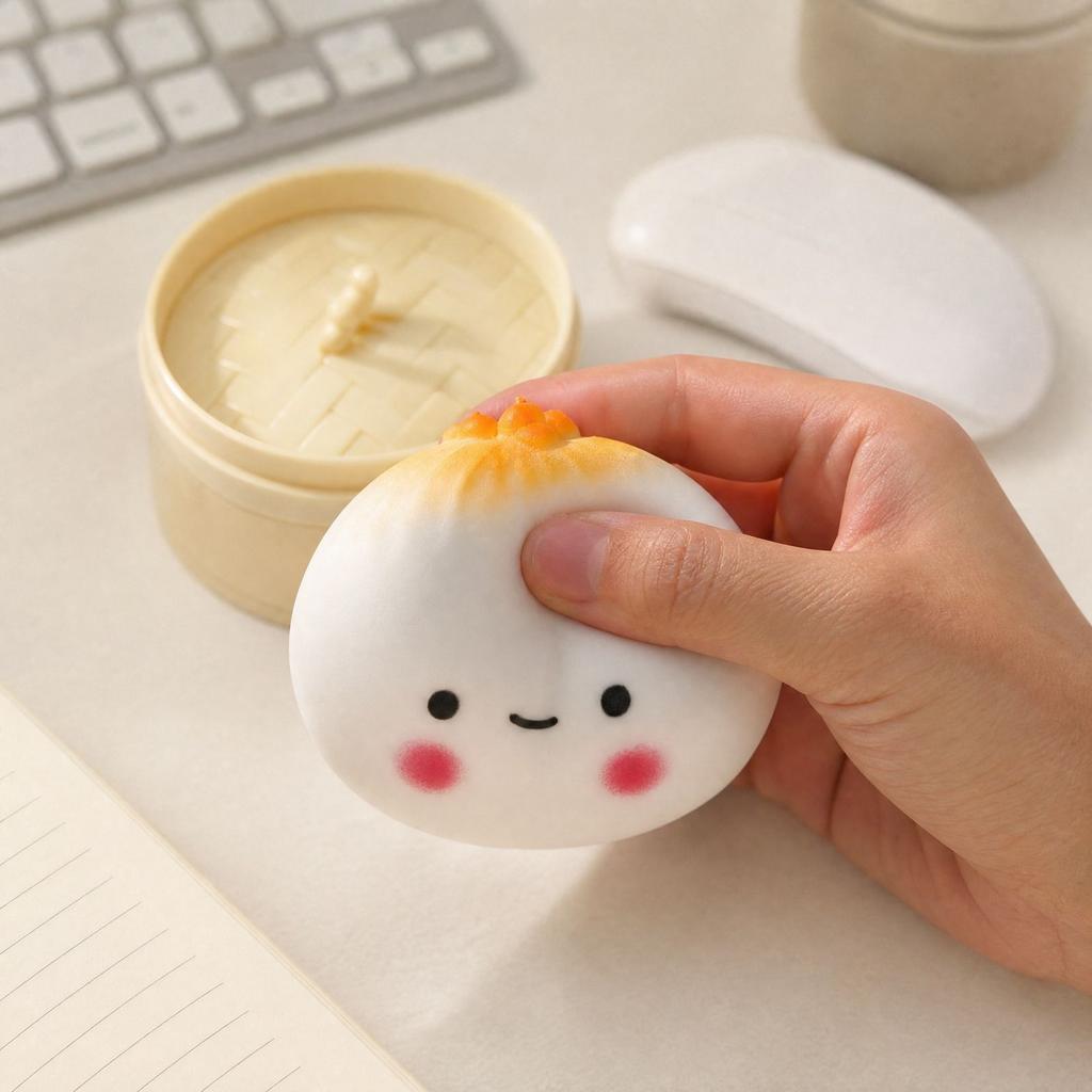 Cute Steamed Bun Toy with Steamer Basket, Soft Toy for Kids and Adults