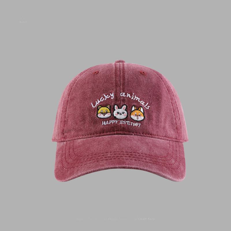 Washed retro hat women's new cartoon animal embroidered baseball cap sweet sunshade duck tongue