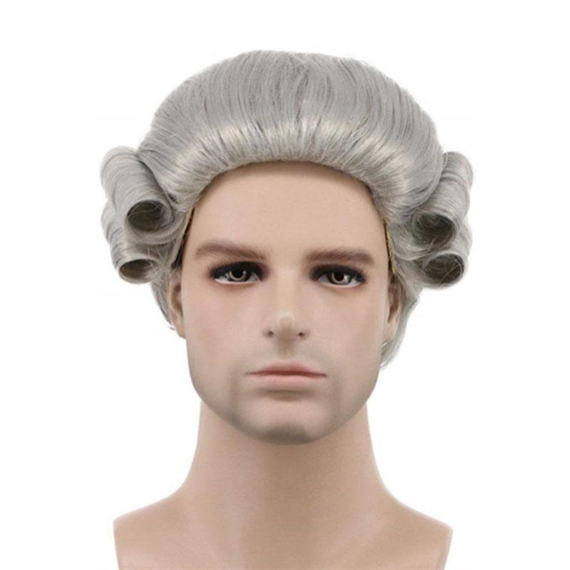 Grey White Black Lawyer Judge Baroque Curly Male Costume Wigs Deluxe Historical Long Synthetic Cosplay Wig for Halloween