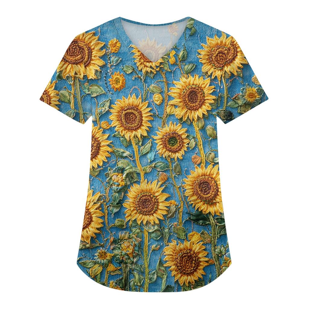 Женская мода с коротким рукавом и V-образным вырезом с карманами и цветочным принтом Топы Одежда
