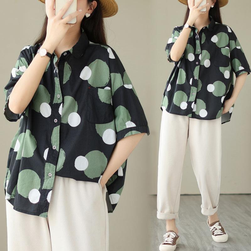 Женская летняя свободная рубашка с принтом в горошек в литературном стиле большого размера, замедляющая старение