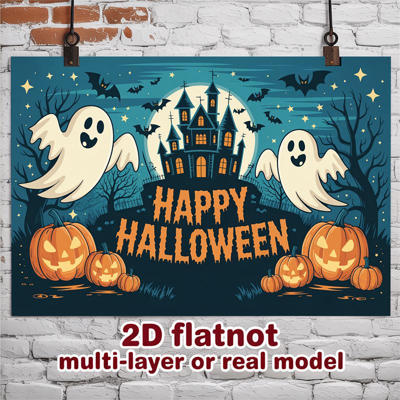 Party Backdrop Halloween Castle Flat Spooky Ghost Pumpkins Multi Layered Celebrations Photo Background Decor Front Door Decor