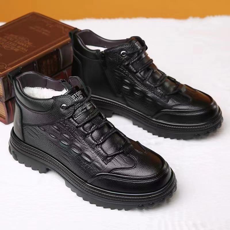 Winter new men's casual leather shoes medium-top Martin boots fashion trendy with velvet thickened cotton boots high-top men's shoes