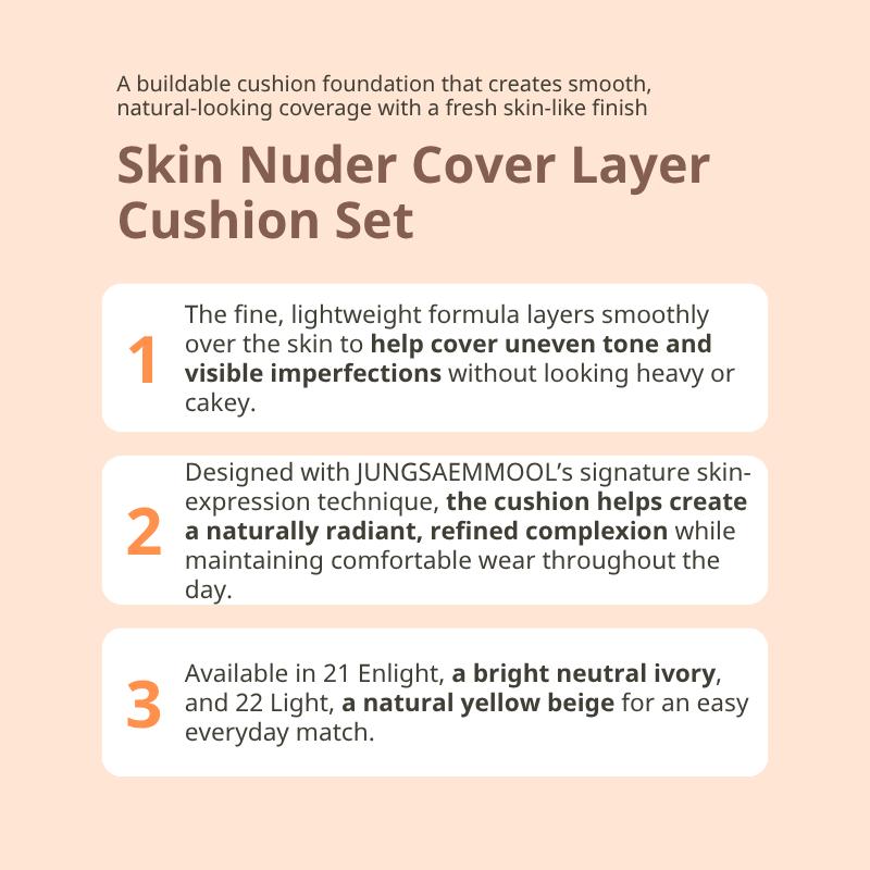 [JUNGSAEMMOOL] Тональная основа-кушон Skin Nuder Cover Layer 14 г + Сменный блок 14 г (Номер 21, 22)
