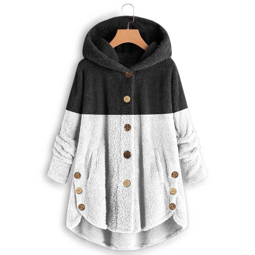 Women's Fashion Stitching Loose Hoodies Long Sleeve Plush Button Coat