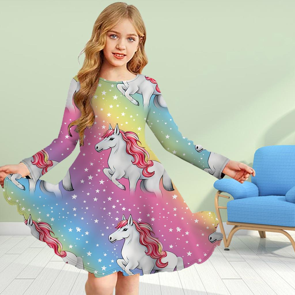 Повседневное платье для девочек с 3D-принтом, розово-красным единорогом, круглым вырезом и длинными рукавами, детское платье принцессы