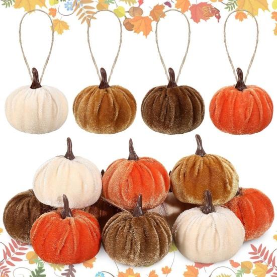 12 Pcs Artificial Velvet Pumpkins Small Foam Faux Flocked Pumpkin Tabletop Centerpiece for Fall Thanksgiving Halloween Harvest Home Table Decor