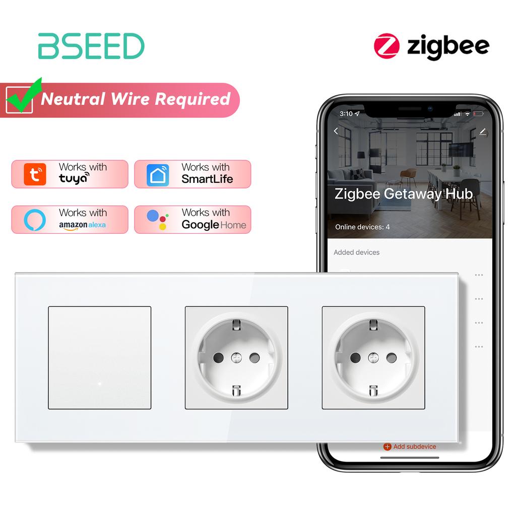 BSEED ZigBee Выключатели Настенные Умные Щелчковые Выключатели Света Желтая Подсветка Стеклянная Рамка Приложение Tuya Выключатель EU Настенные Розетки с USB