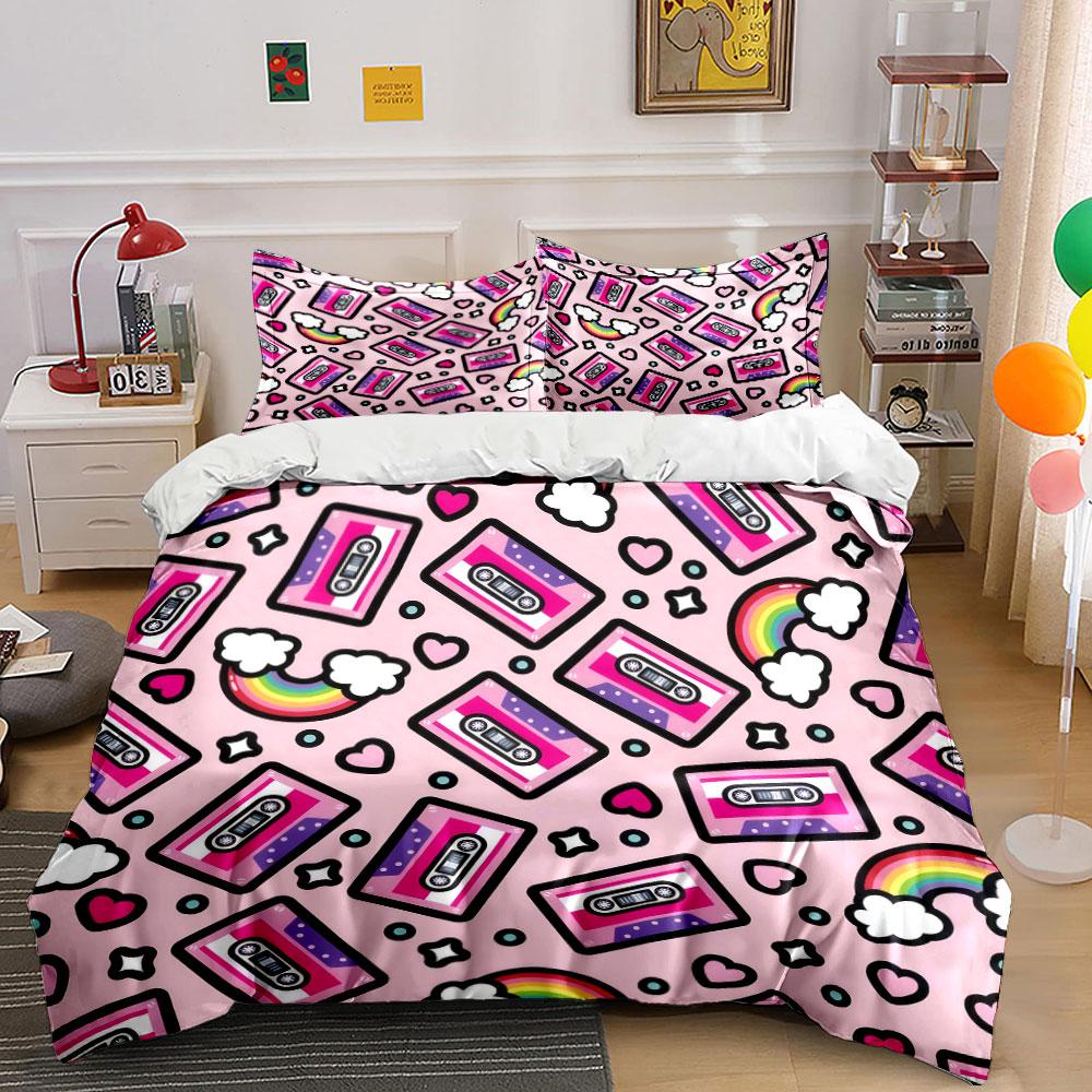 "Retro Rainbow Cassette Decor Set" Bedding Set with 1 Duvet Cover 2 Pillowcases Single Double King Queen, Gift