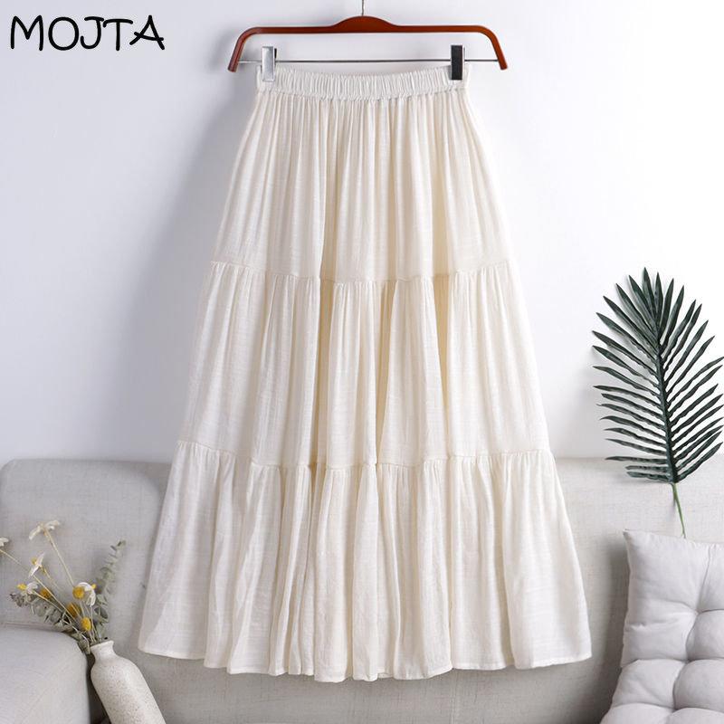 MOJTA Mid Skirt Spring Summer Women's Elastic High Waist Skirt A-line Skirt