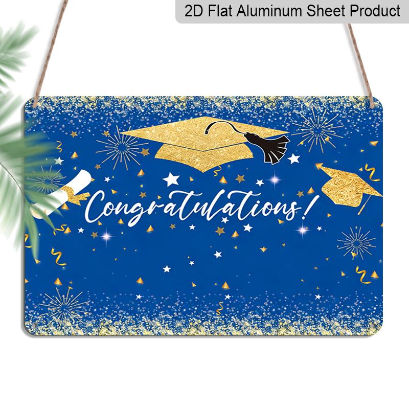 2D Flat, 1pc "Congratulations" Graduation Aluminium Sign 8x12 Inch - Royal Blue & Gold Glitter Grad Cap Design, Sparkling Star & Scroll Decor