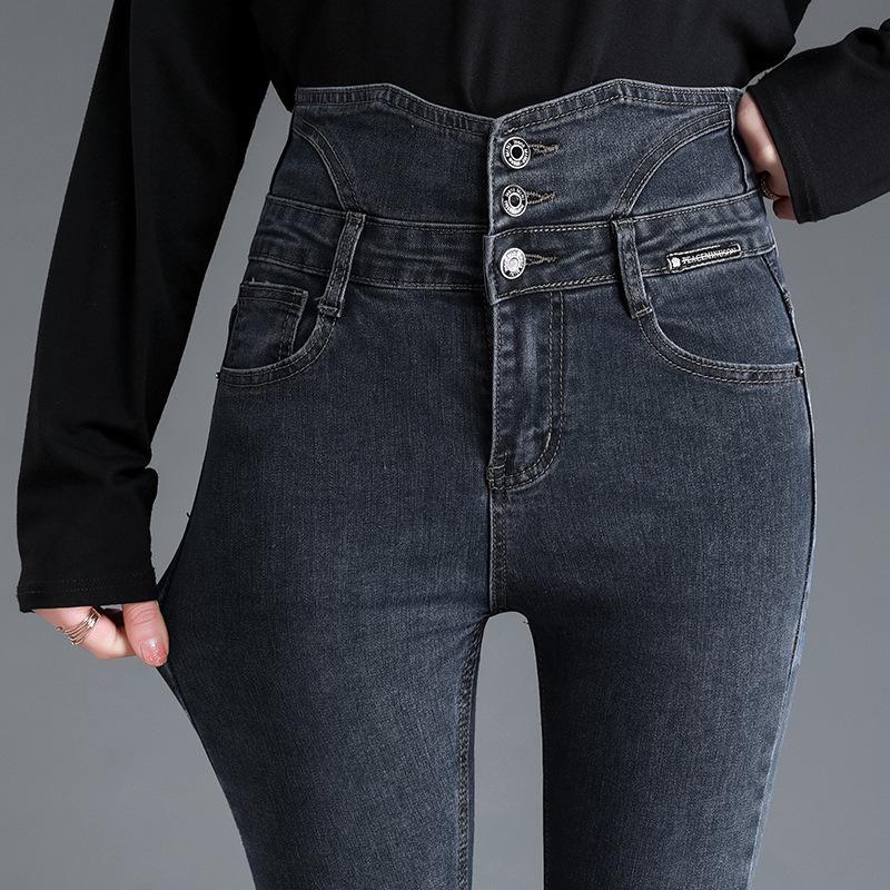2023 Новые женские плюшевые узкие джинсы с высокой талией на осень/зиму, облегающие повседневные брюки на пуговицах