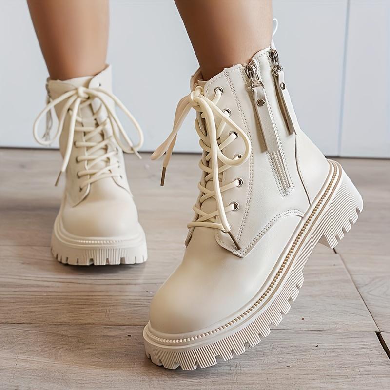 Mid Heel Platform Ankle Booties Women's Casual Ankle Booties Platform Lace-Up Boots Winter Round Toe Comfort Shoes