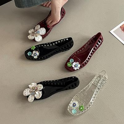 Прозрачные хрустальные туфли Новые туфли-желе Полые одинарные туфли Летний дизайн для девочек Модные пайетки Цветок Квадратный носок Сандалии