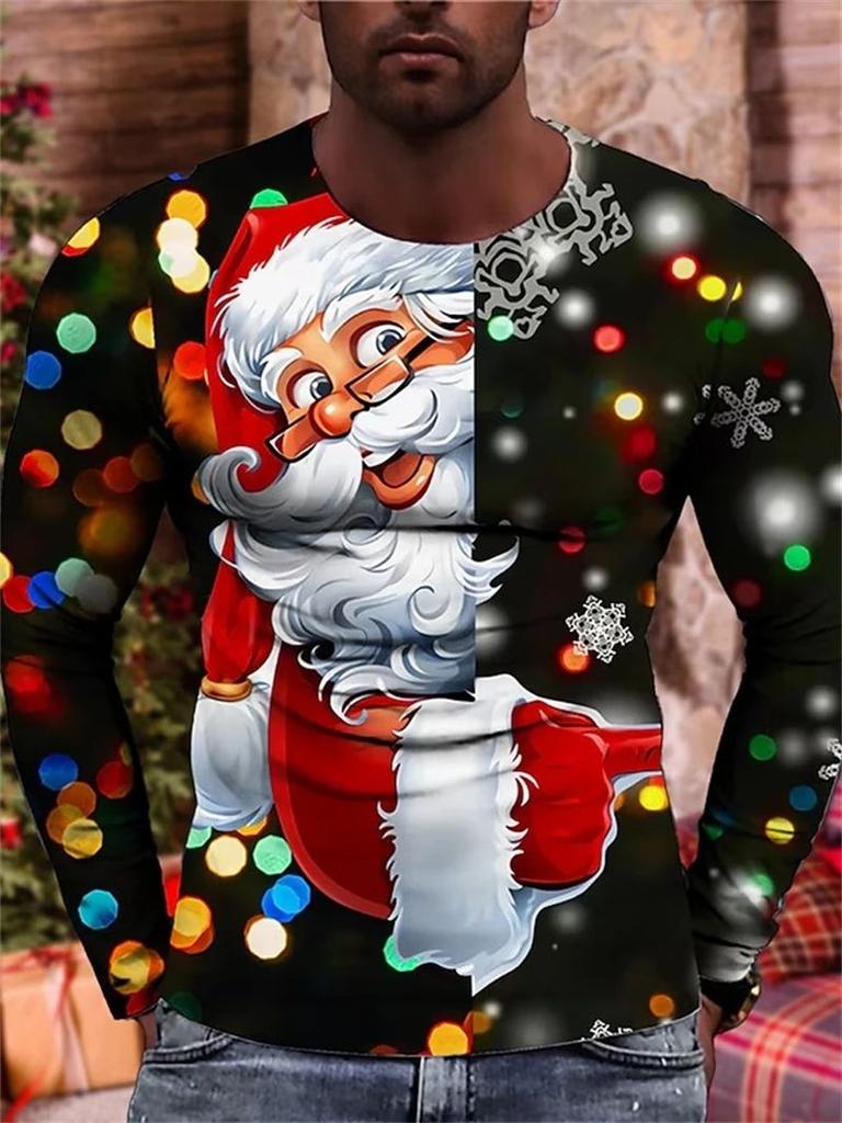 New Spring and Autumn Men's Fashion Interesting New Year Santa 3D Printed Long Sleeve Round Neck Plus Size Loose Breathable Top