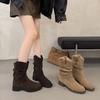 Модные женские ботинки из натуральной замши нового стиля с узким квадратным носком, слипоны, осенние плиссированные ботфорты до колена, повседневные женские панк-вестерн ботинки