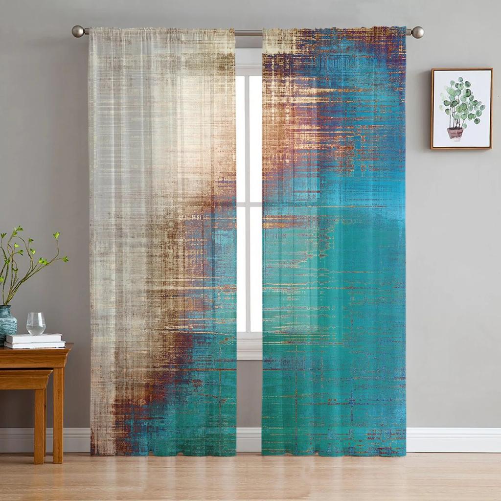 Luxury Tulle Curtains Color Painting Modern Living Room Kitchen Chiffon Curtain Youth Bedroom Sheer Floor Valance Curtain