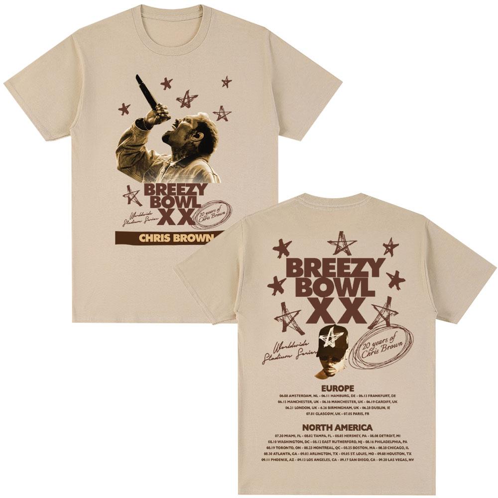 Rapper Chris Brown Album Tshirt Breezy Bowl XX Tour 2025 Hip Hop Vintage T Shirt Men Women Oversized Cotton Tshirts Streetwear