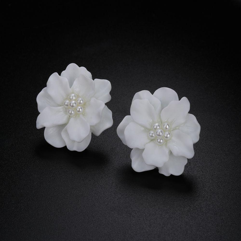 Elegant Women Girl Inlay Beads Simulated Pearl Stud Earrings Camellia Big White Flower