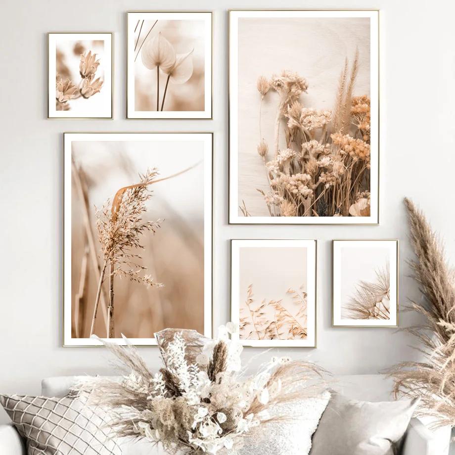 Бежевый Растение Трава Листья Одуванчик Камыши Постеры и Принты Холст Живопись Скандинавское Настенное Искусство Картины для Гостиной Домашний Декор