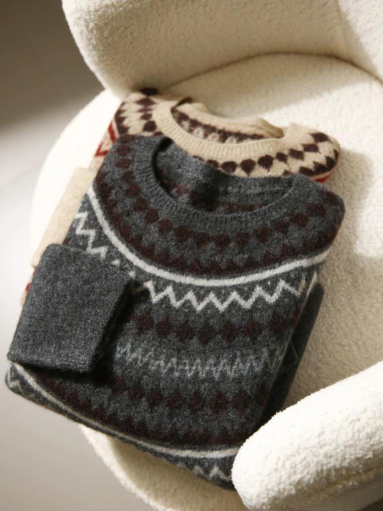 2025 Autumn/Winter Retro Fair Isle Jacquard Round Neck Long Sleeve Sweater