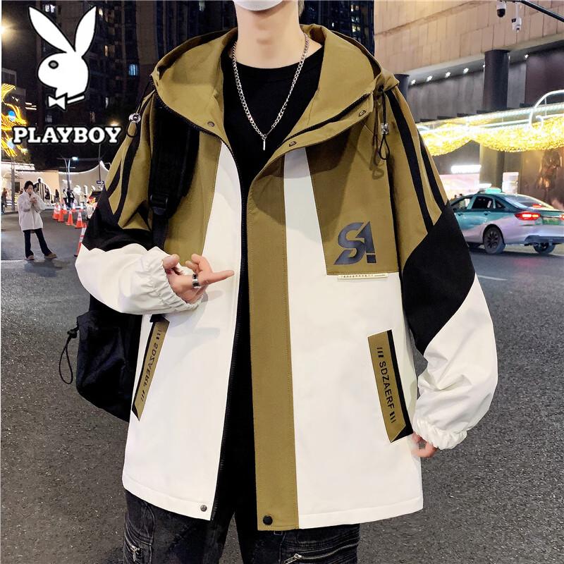 PLAYBOY Men's Spring and Autumn Hooded Colorblock Casual Jacket