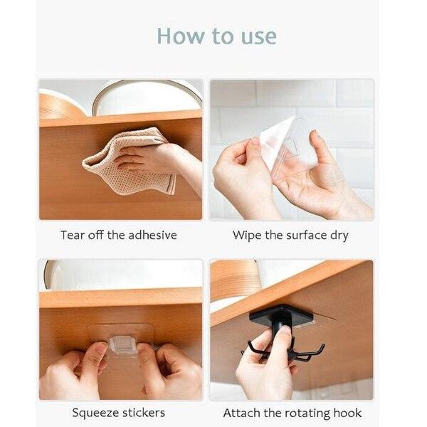 360 Rotation Rotatable Hooks for Kitchen Organizer and Storage Hanging Creative Tableware Bathroom Organizer Self Adhesive Hooks