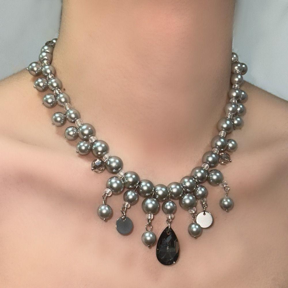 Grey Pearl Water Drop Pendant Neckchain Fashion Women's Clavicle Chain  Party
