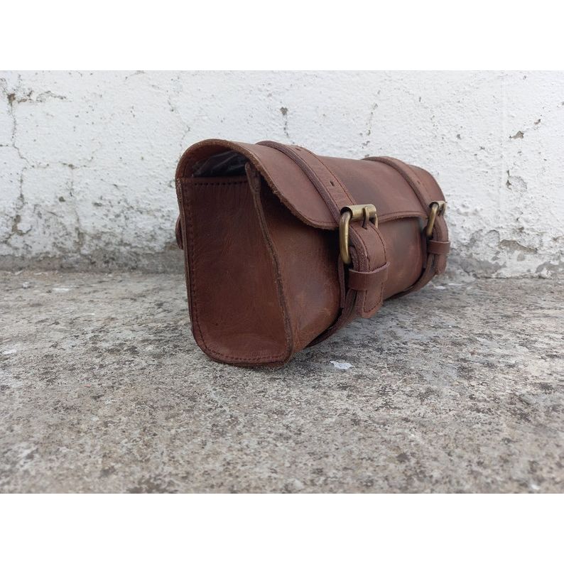 Leather Bag Motorcycle Pouch Brown Saddle Buffalo Leather Bag Bike Small Tool Bag Front Fork Handlebar Leather Saddlebag Pouch