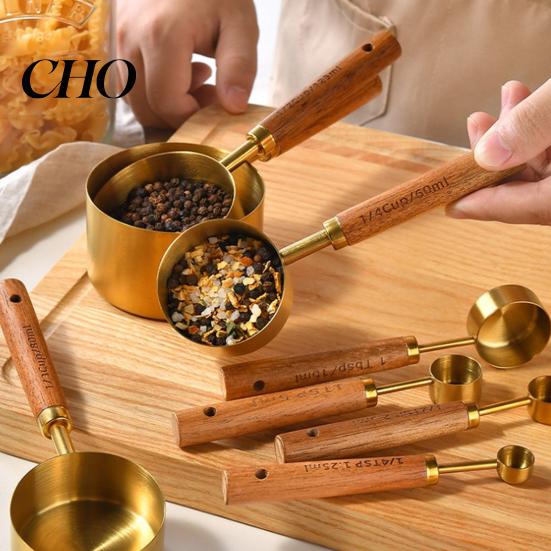 Kitchen Measuring Spoon Set 4Pcs Gold-Plated Stainless Steel Spoons & Cups Set, Precision Baking Tools with Metal Wood Handle, Nested Food Grade