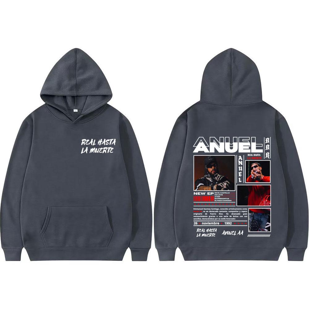 Свитшот с обложкой альбома и логотипом тура рэпера Anuel AA 'Real Hasta La Muerte' для мужчин и женщин, винтажный, хип-хоп, трендовая толстовка, уличная одежда, свободные худи
