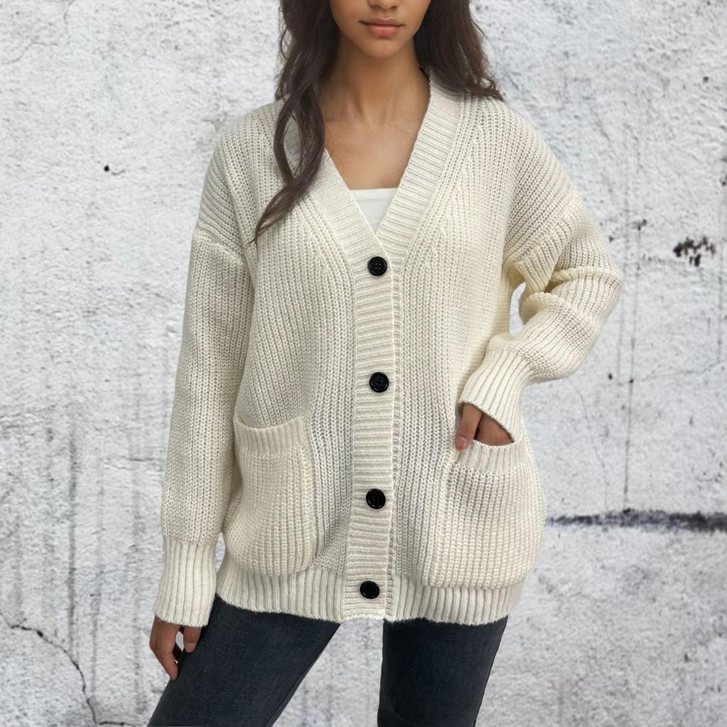 Женская мода однотонный вязаный кардиган с карманами на пуговицах пальто свитер
