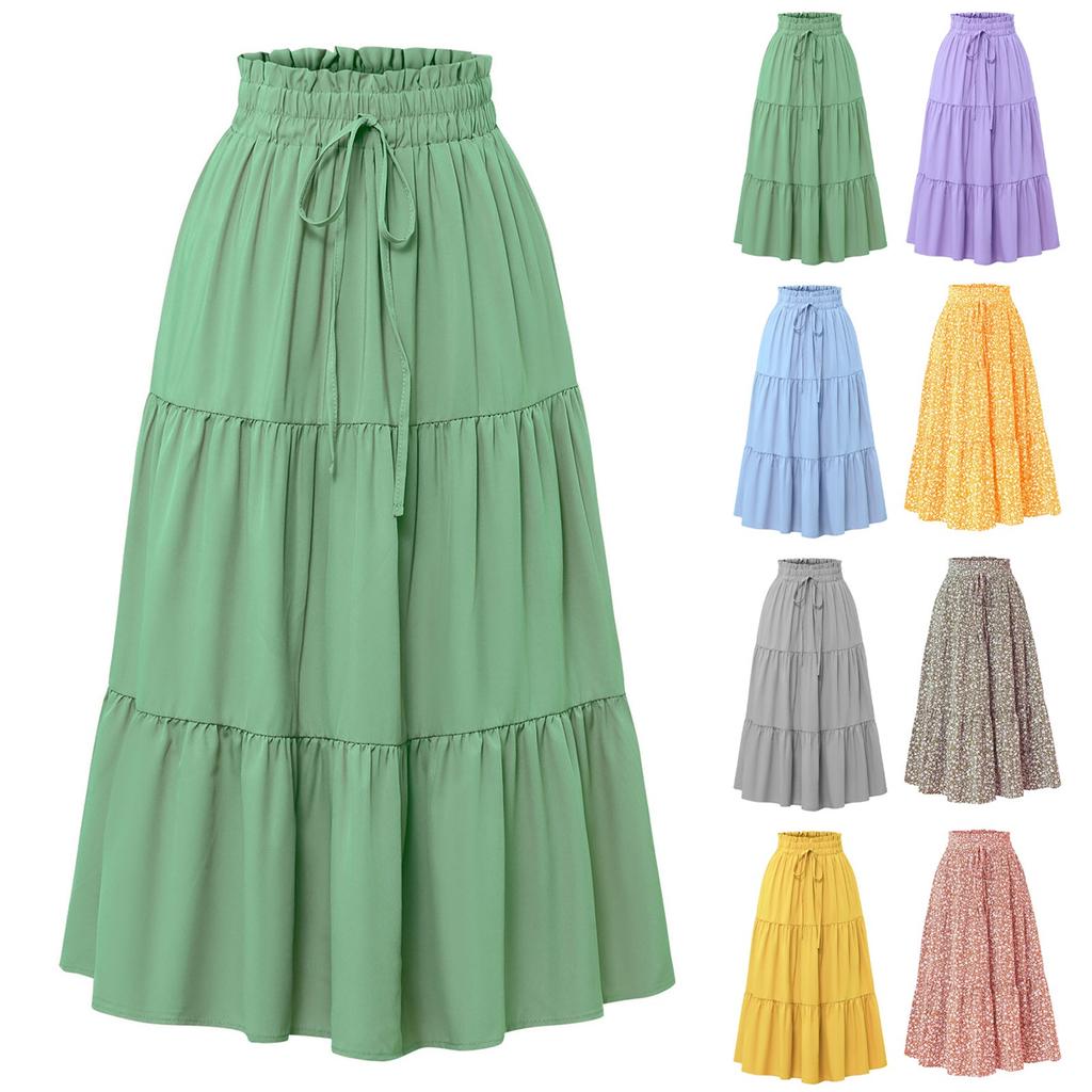 Women's Fashion Solid Color Floral Lace Elastic Waist Loose Long Skirt