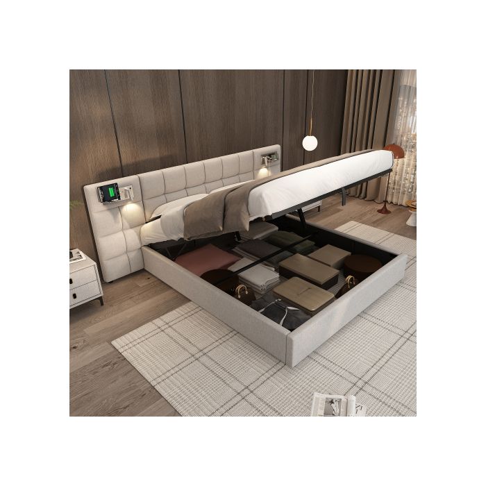 Lit hydraulique - MUVOE - 180 x 200 cm - Port USB - Chargeur sans fil - Lumière intégrée