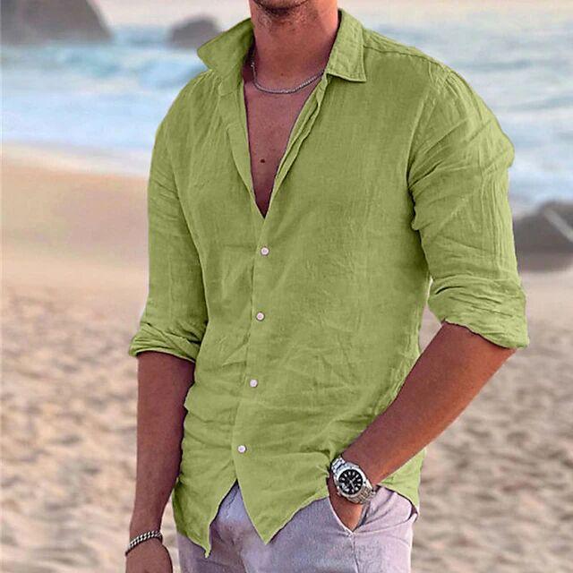 Men's Linen Summer Beach Shirt Long Sleeve Solid Color Lapel Spring Summer Outdoor Street Shirt