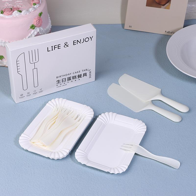5Sets-30Sets White Birthday Cake Knife Fork Set Plastic Disposable Dinner Plate Set Baking Cake Tableware