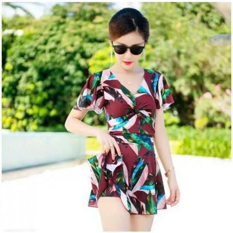 Plus Size Conservative One-Piece Swimsuit Women Tummy Control Skirted Style Modest Bathing Suit Spa Swimming