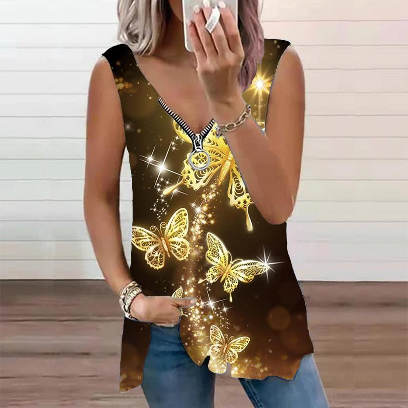 Женский топ, летний новый модный повседневный топ с золотым принтом бабочки размера плюс, топ без рукавов на молнии с v-образным вырезом, майка