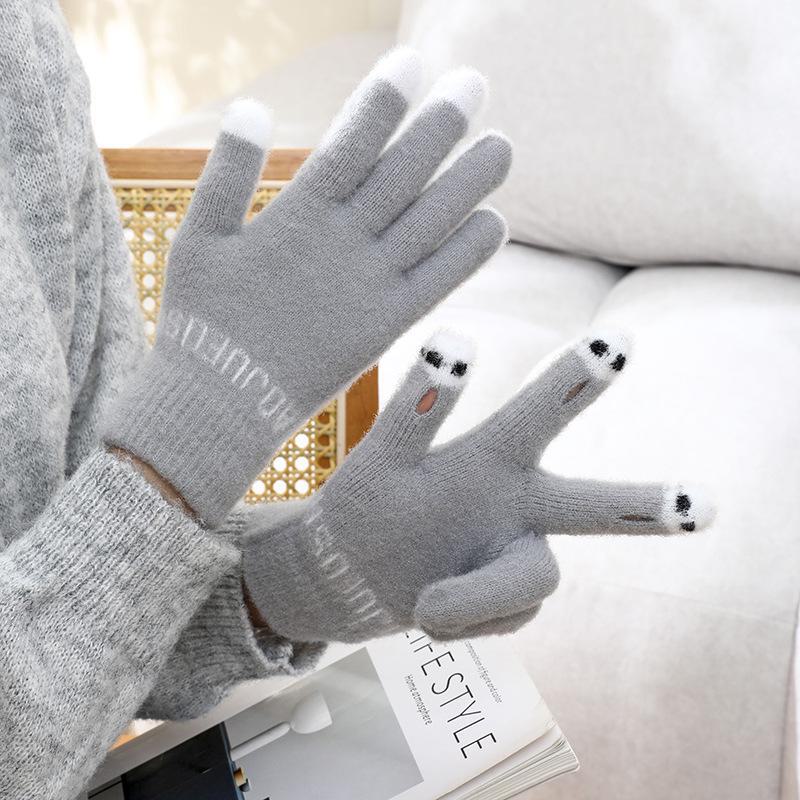 Милые шерстяные перчатки без пальцев с мультяшным принтом для осени и зимы - теплые, универсальные, морозостойкие вязаные перчатки для студентов