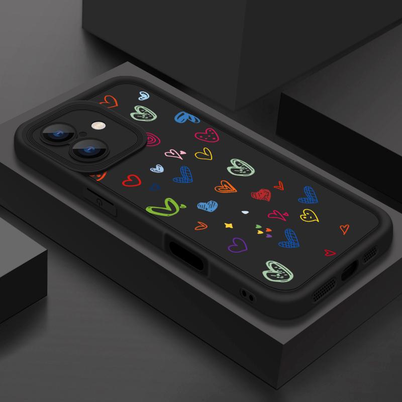 Cartoon Love Hearts Pattern Shockproof Phone Case for iPhone 16 15 14 Plus 13 12 11 Pro Max Xs Xr 8 7 Matte Tpu Soft Lens Protection Anti-Fall Cover