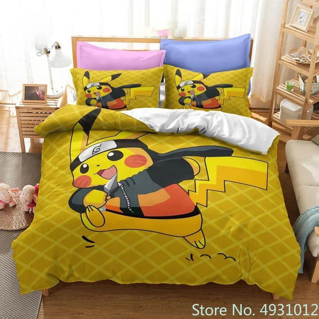 3D Anime Pikachu Bedding Set Duvet Cover Quilt Cover Pillowcase Double Queen King Size Baby Child Kids Bedroom Home Textile
