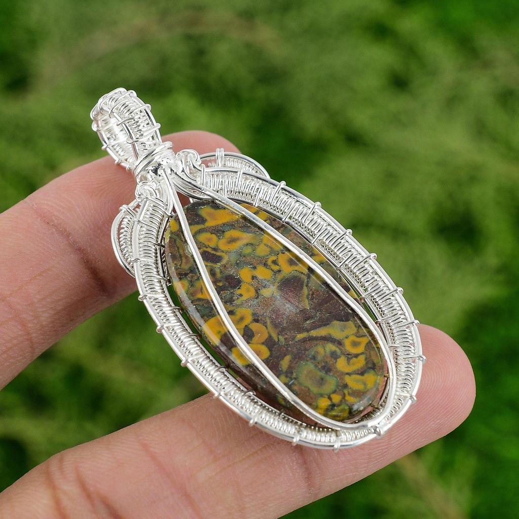 Daughters Day Sale Natural Rhyolite Sterling Silver Wire Wrapping Bezel Pendant