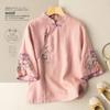 Kundalik Qipao Top Nafis Gul Kashtasi Elegant Bluzka Tik Yaka Diagonal Tugma Paxta Zig'ir Top