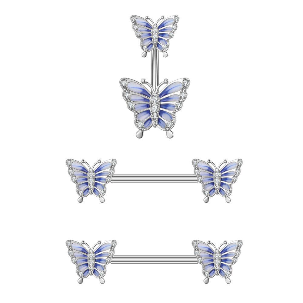 3PCS 14G Stainless Steel Butterfly Nipplerings Nipple Tongue Belly Button Rings CZ Opal Barbell Body Piercing Jewelry