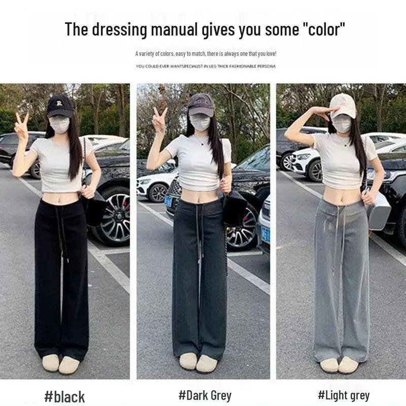 Women's 2025 Summer High Waist Dark Gray Wide-Leg Sweatpants - Lightweight, Drape, Petite, Straight-Leg.