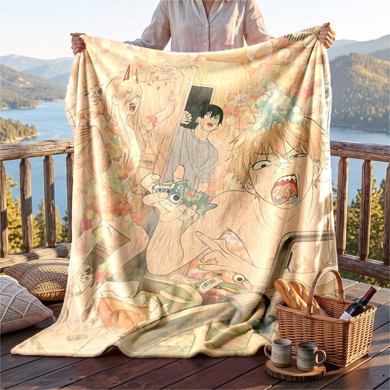 Warm Flannel Blanket Chainsaw Man Pattern, Lightweight Comfortable Throw Blanket for Bed Sofa Use
