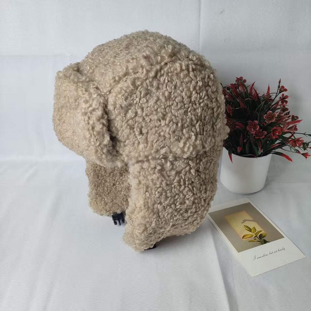 Winter cute solid color teddy fleece ear protection imitation lamb fleece Lei Feng hat women's thickened warm plush ski flying hat